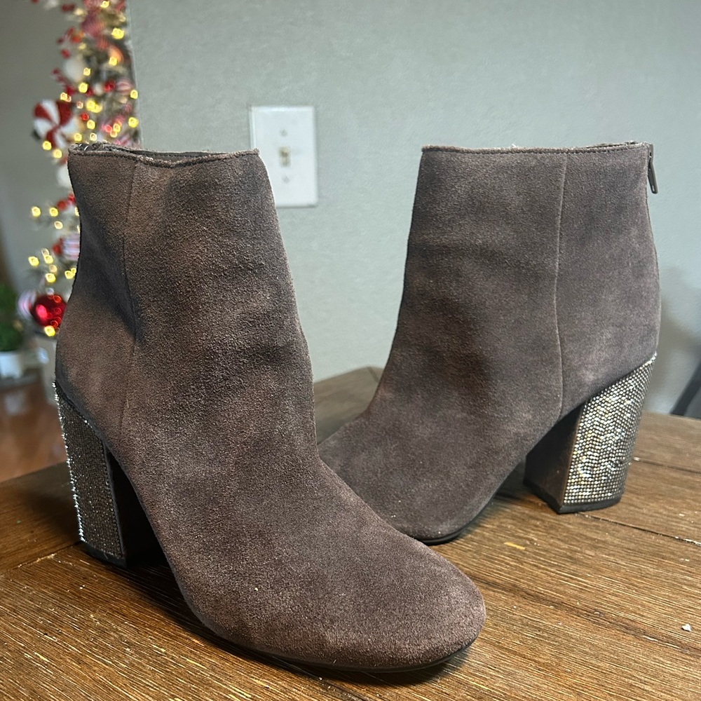 Carly’s suede leather boots with rhinestone block heel size 9